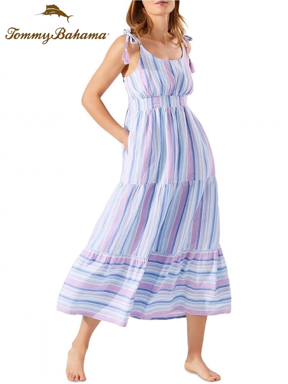 Tommy Bahama St Lucia Maxi Dress Linen Blend Tiered Lilac Fields Tassel Ties | L